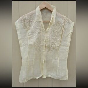 Antique Sheer Lace-Embroidered Blouse in Cream L